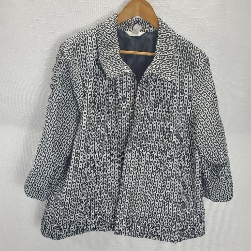 CJ Banks Open Jacket Womens 2x Black/White 3/4 Sleeve Ruched Detail Lined